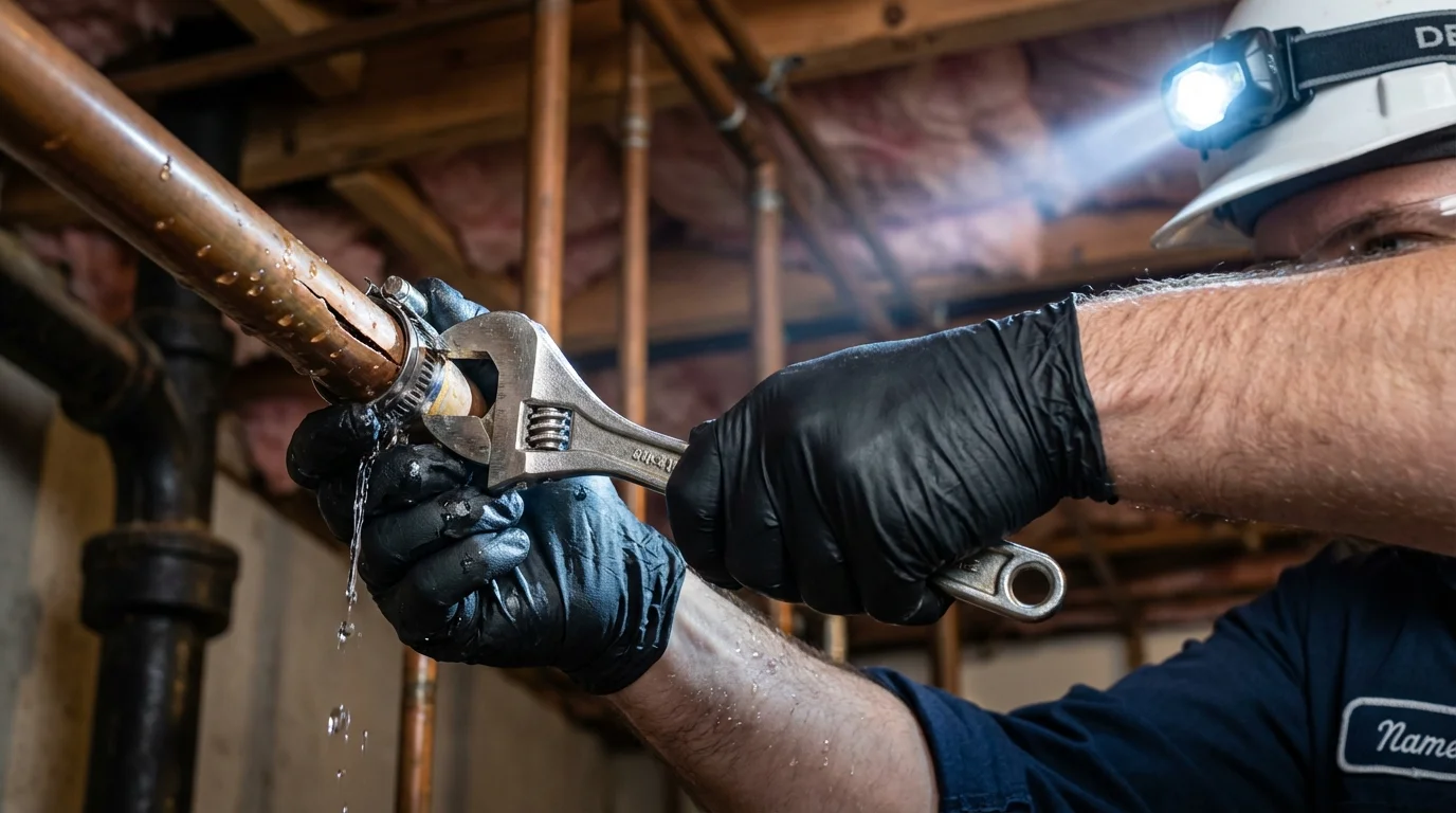 Emergency pipe clamp repair being performed by a Johns Plumbing LLC plumber in Pauls Valley