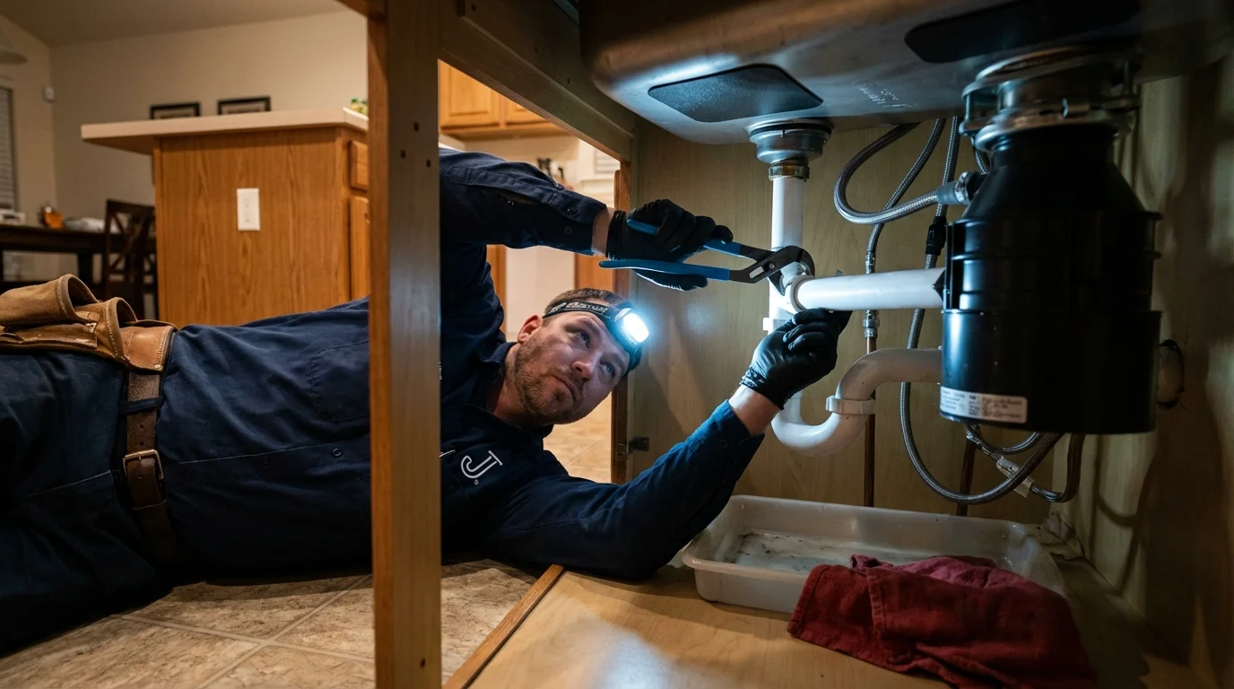 P-trap and supply line connections under a kitchen sink showing a common leak point in Pauls Valley, OK